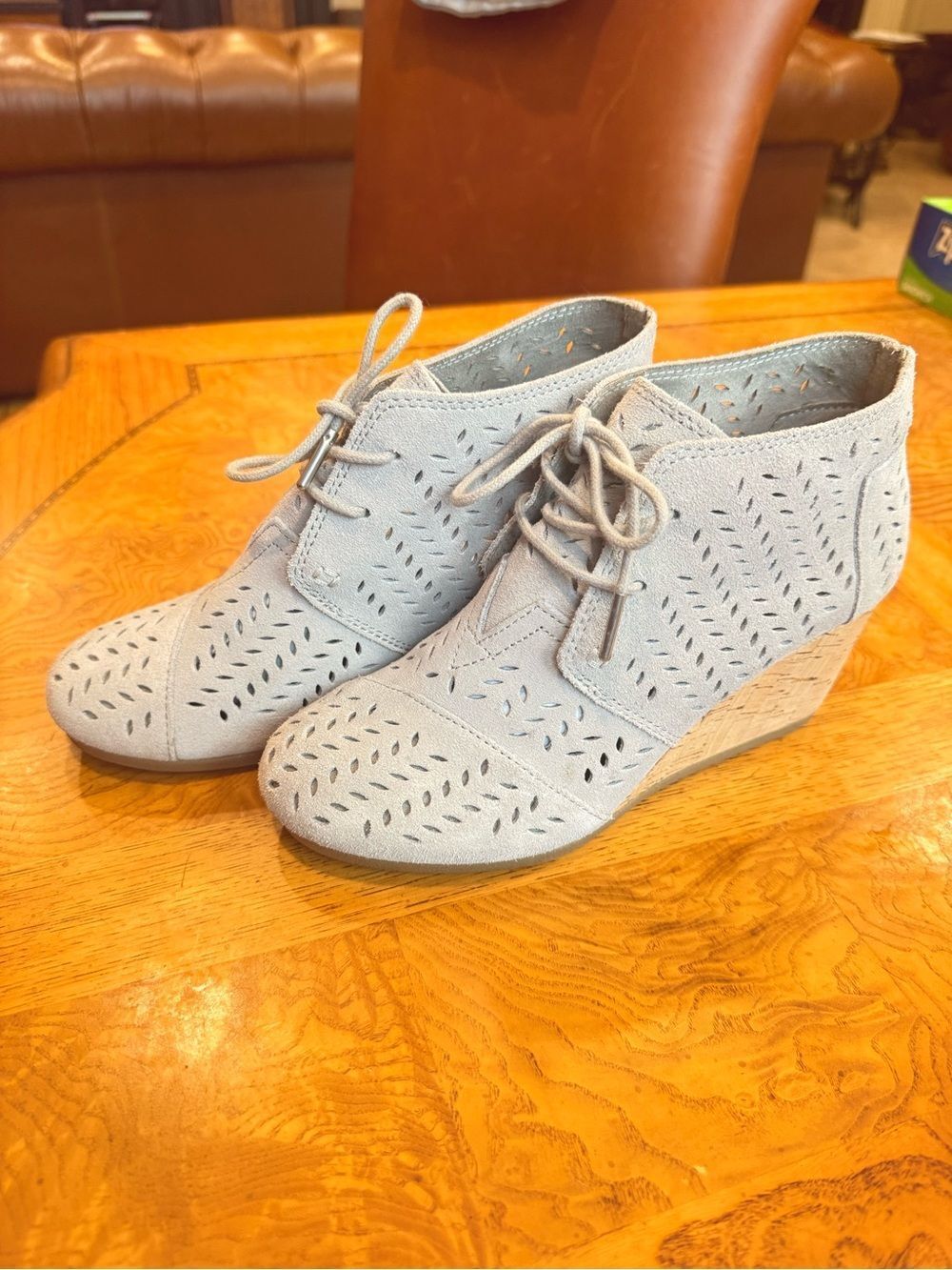 TOMS Gray Suede Perforated Lace-Up Wedge Booties Size 7